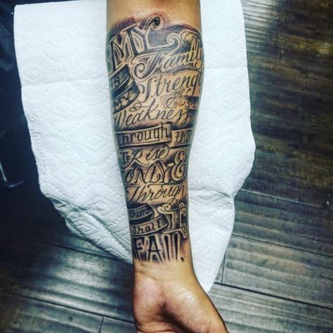 "My family is my strength and my weakness. Through them I rise and only through them shall I fall" Script tattoo. Tattoo sleeve Free hand Family Tattoos Sleeve, Meaningful Family Tattoos, Family Sleeve Tattoo, Strength Weakness, Half Sleeve Tattoos, Tattoos Sleeve, My Weakness, Men Tattoos Arm Sleeve, Tattoo Inspiration Men