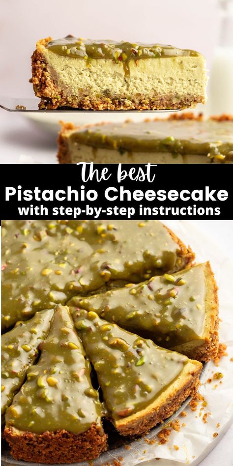 This pistachio cheesecake is luxirious, rich, creamy, made with plenty of real pistachios and made without a water bath! Italian Pistachio Dessert, Honey Pistachio Cheesecake, Ways To Use Pistachio Cream, Easy Pistachio Cheesecake, Philo Desserts, Pistachio Birthday Cake, No Bake Pistachio Cheesecake, Pistachio Dacquoise, Pistachio Delight