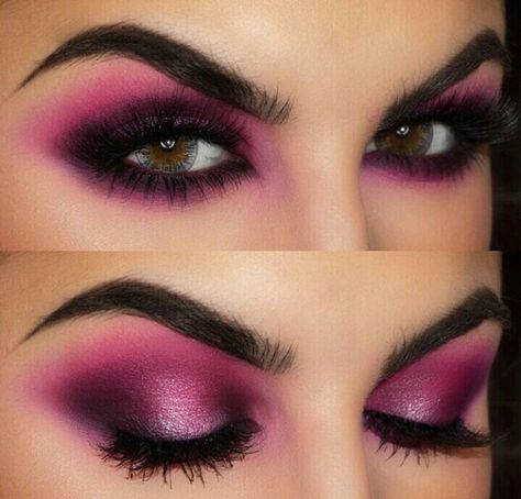 Dramatic pink eyeshadow Black And Magenta Makeup, Goth Pink Eyeshadow, Black And Pink Bachelorette Outfit, Pink And Black Rave Makeup, Pink Vampire Makeup, Pink Black Eyeshadow, Dramatic Pink Eye Makeup, Goth Pink Makeup, Dark Pink Eye Makeup