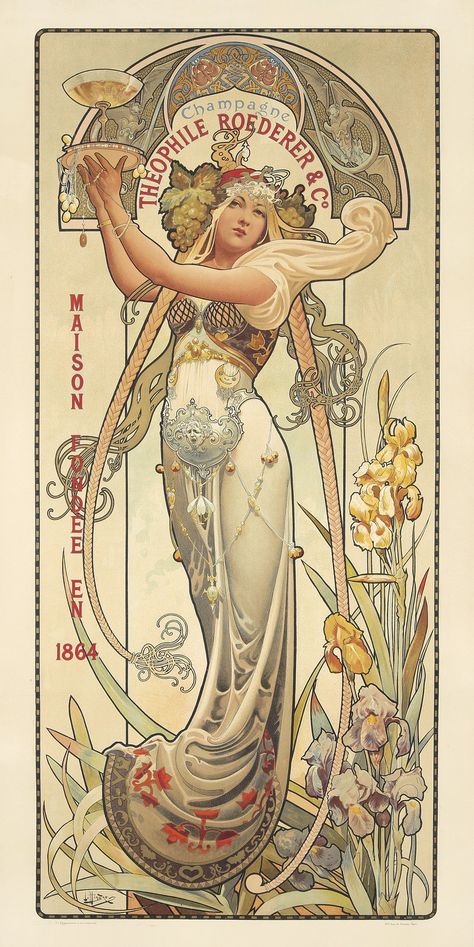 Champagne Poster, Art Nouveau Painting, Art Nouveau Mucha, Alcohol Art, Motifs Art Nouveau, Illustration Art Nouveau, Alphonse Mucha Art, Design Art Nouveau, Mucha Art