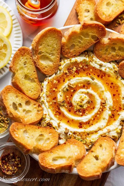 Whipped Feta With Honey, Feta And Honey, Feta With Honey, Honey Appetizers, Baked Feta Recipe, Honey Dip, Whipped Feta Dip, Roasted Olives, Greek Spinach Pie