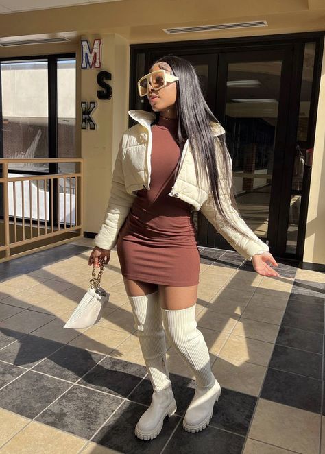 Thigh High Chelsea Boots Outfit, Women Winter Birthday Outfits, 21st Birthday Outfits Black Women Fall, Bodycon Dress With Puffer Jacket, Birthday Dinner Outfit Black Women Winter, 18th Birthday Outfits Black Women Winter, 21st Birthday Outfits Black Women Winter, Thankgiving Outfits Black Women, 22 Birthday Outfit Ideas Winter