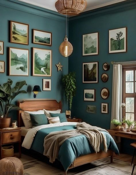 Nature-Inspired Artwork Moody Blue Room, Navy And Sage Bedroom, Painting Bedroom Ideas, Teal Color Palette Bedroom, Moody Blue Bedroom, Dark Teal Bedroom Ideas, Colorado Bedroom, Dark Cottagecore Bedroom, Dark Teal Bedroom