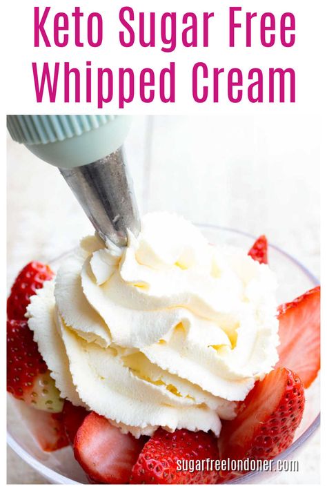 Learn how to make delicious keto whipped cream in just 2 minutes! This sugar free whipped cream recipe requires only 3 ingredients. You won't believe how much better it tastes than the ready-made stuff! Healthy Whipped Cream, Sugar Free Icing, New Keto Recipes, Sugar Free Whipped Cream, Low Carb Keto Desserts, Keto Whipped Cream, Kitchenaid Recipes, Keto Condiments, Whipped Cream Desserts