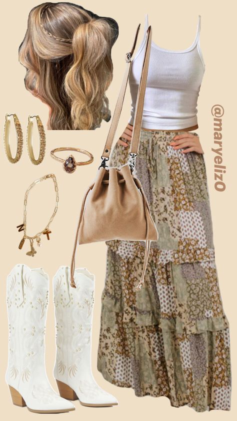 Patterned maxi skirt, white western boots, white crop top, summer country style Boho Western Outfits Fall, Boho Cowgirl Outfit, Concert Outfit Boho, Hippie Fashion Aesthetic, Western Outfits Fall, Boho Country Outfits, Cowgirl Boots Cute, Fall Country Concert Outfit, Country Concert Outfit Fall