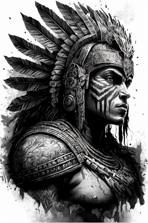 Maya Warrior, Aztec Warrior Tattoo, Azteca Tattoo, Aztec Drawing, Realistisches Tattoo, Aztec Artwork, Mayan Tattoos, Aztec Tattoos, Mexican Art Tattoos