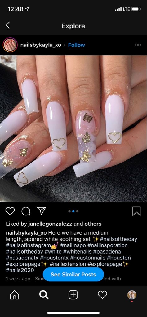 White and gold acrylic butterfly nails by nailsbykayla_xo White Acrylic Nails With Gold Design, White Gold Butterfly Nails, Gold Butterfly Acrylic Nails, White Nails Butterflies, Square Acrylic Nails Butterfly, Butterfly Nails Gold, White And Gold Acrylic Nails Coffin, Quince Nails Butterfly, White And Gold Butterfly Nails