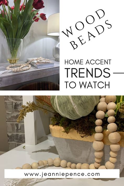 wood bead trends in home decor How To Style Wooden Bead Garland, How To Decorate With Wooden Bead Garland, Wooden Bead Garland Decor Ideas, Forsythia Wreath, Sunflower Arrangements, Wooden Bead Garland, Faux Pumpkins, Trendy Tree, Easter Signs