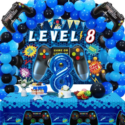 PRICES MAY VARY. 🎮[Package Included]-The set includes blue '8' foil balloons x1, 8th video game birthday backdrop x1, foil gamer balloons x2, blue tablecloth x1, 85pcs latex balloon, in addition, 1 roll of balloon dot glue, 1 roll of balloon ribbon, 1 roll of double hole balloon chain, 1 roll of banner rope. 🎮[Great for Parties]- Suitable for 8th birthday parties and family gatherings. These 8 year old video game birthday decorations are suitable for hanging at the entrance of birthday parties Birthday Ideas For 8 Year Boy, Boy Birthday Party Themes 4th, 8th Birthday Boy Party Theme, 8 Year Birthday Ideas Boy, Gamer Balloons, 7th Birthday Party For Boys, 8th Birthday Boy, Game Party Decorations, Video Game Party Decorations