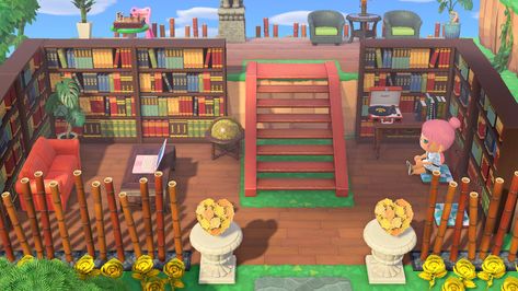 Outdoor Library Animal Crossing, Acnh Outdoor Library Ideas, Animal Crossing Library Outdoor, Acnh Library Ideas Outdoor, Acnh Outdoor Library, Acnh Book Store, Acnh Library Ideas, Outdoor Library, Acnh Yard