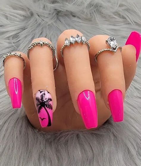 22 Ideas Unleash Summer Vibes with Trendy Pink Vacation Nails - Hot Designs for 2024 Hot Pink Nails With Palm Tree, Neon Nail Ideas Summer Pink, Hot Pink Daisy Nails, Hot Pink Nails With Design Neon, Hot Pink Vacation Nails, Hot Pink Beach Nails, Summer Nails For The Beach, Hot Pink Nails With Rhinestones, Neon Pink Nails Design