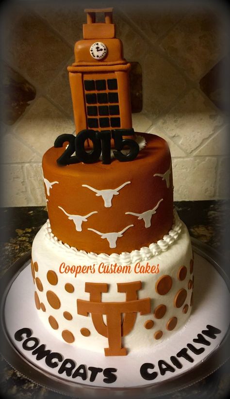 Ut Graduation Cake All buttercream and the tower is RKT and chocolate covered in fondant.. Iu sed edible images for the white longhorns.. Ut Austin Graduation Party Ideas, Longhorn Cake, Ut Graduation Party, University Of Texas Graduation Party, Longhorn Party Ideas, Ut Austin Cake, Texas Longhorns Cake, Auburn University Cake Ideas, Ut Cakes Texas Longhorns