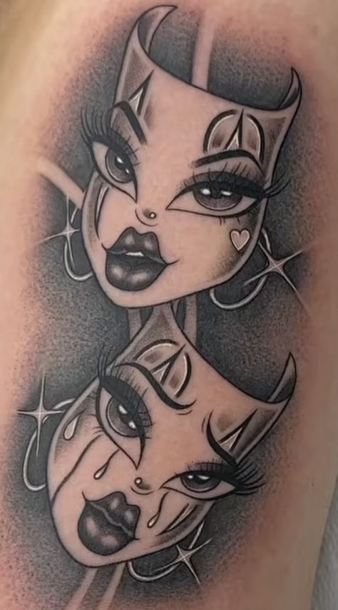 2 Face Mask Tattoo, I Got Me Tattoos, Face Tattoos Drawing, Nice Leg Tattoos Men, Halloween Character Tattoos, Pretty Clown Tattoo, Silouhette Tattoo Woman, Dark Shaded Tattoos For Women, Tattoo Ideas For Change