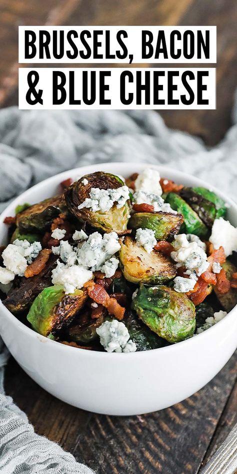 These delicious roasted brussels sprouts are cooked up in bacon fat and served with crisp bacon and crumbled blue cheese. Maple Bacon Brussel Sprouts, Vege Dishes, Brussel Sprouts Recipes Easy, Roasted Brussel Sprouts Oven, Roasted Brussels Sprouts Recipe, Baked Brussel Sprouts, Balsamic Brussel Sprouts, Pancetta Recipes, Blue Cheese Recipes