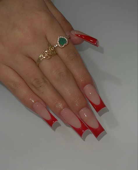 Red Nails V Tip, Long Square French Tip Acrylic Nails, Red Set Nails, Valentines Square Acrylic Nails, Red Acrylic French Tips, Red French Tip Nails With Diamonds, Long Red Acrylic Nails Design Square, Long Acrylic Nail Designs Red, Red Nails Medium