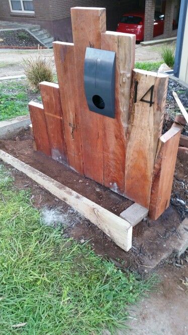 Hardwood timber sleeper letterbox Rustic Letterbox, Letter Box Design, House Garden Landscape, Modern Landscape Design, Modern Landscape, Modern Backyard, Outdoor Decor Backyard, Yard Design, Garden Landscape