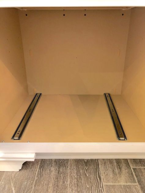 DIY Hanging File Drawer in Kitchen Cabinet Kitchen Cabinet File Drawer, Drawer In Kitchen, Home Filing System, Pull Out Cabinet Drawers, Inside Kitchen Cabinets, Diy File Cabinet, Filing Storage, Cool Things To Build, Printer Cabinet