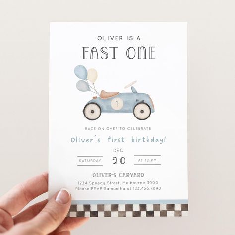 Editable Vintage Blue Race Car & Balloons Fast One Birthday Invitation DIGITAL DOWNLOAD DEMO LINK- Try Before You Buy! Copy & Paste link into your browser ►https://www.corjl.com/d/1DG3A6 Simply edit this Invitation using your computer, laptop or phone, no software required! Fast One Welcome Sign: https://www.etsy.com/listing/1710891467 Fast One Cake Topper: https://www.etsy.com/listing/1688363422 Fast One Cupcake Topper: https://www.etsy.com/listing/1702570925 Fast One Banner: https://www.etsy.com/listing/1702614657 Fast One NB-12 Months Photo Banner: https://www.etsy.com/listing/1688394996 Fast One Thank You Tag: https://www.etsy.com/listing/1758060011 'One' High Chair Banner: https://www.etsy.com/listing/1688312870 Fast One Water Bottle Label: https://www.etsy.com/listing/1836258852 ►Fin