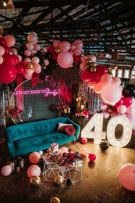 A moody burgundy 40th birthday party – fierce at 40 – Confetti Fair Forty And Fierce Party, Fabulous Party Ideas Decor, 40 Birthday Aesthetic, Colorful 40th Birthday Party, Party Decorations 40th Birthday, 40th Birthday Styling, Red 40th Birthday Party Ideas, 40th Birthday Party For Women Decoration, 40th Cocktail Party Ideas