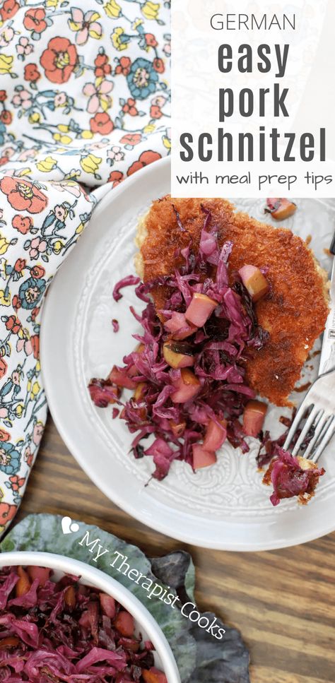 This easy pork schnitzel recipe is my favorite pork chop recipe ever! It uses thinly pounded, breaded pork chops that get a quick shallow fry. Recipe includes tips and tricks for make-ahead and meal prep as well as a yummy red cabbage and apples side dish. Red cabbage recipes german with apples, pork schnitzel recipe german. Pork Chops With Red Cabbage And Apples, Pork Chops And Cabbage Recipes, Pork Snitzel, Red Cabbage And Apples, Cabbage And Apples, Purple Cabbage Recipes, Pork Schnitzel Recipe, Pork Cutlet Recipes, Cabbage Side Dish