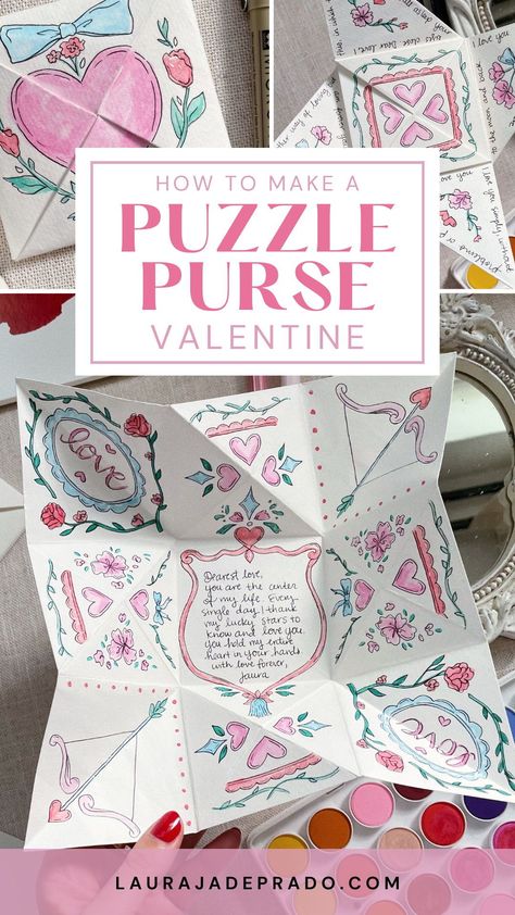 Looking for a unique and heart-warming Valentine's Day gift? This sweet and romantic DIY paper PUZZLE PURSE project. The intricate folding technique and personalized decoration paired with a heartfelt message inside will make this romantic token of love something to treasure forever. Folding Valentine Card, Folding Heart Card, Folded Valentine Cards, Valentine Paper Gifts, Paper Card Diy, Victorian Folded Valentine, Valentines Puzzle Purse, Diy Valentines Hearts, Love Tokens Diy