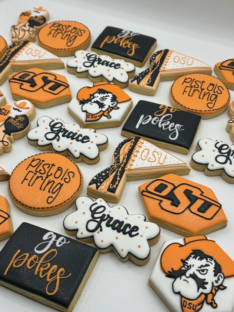 Decorated sugar cookies with royal icing. Grad Party Theme, College Wallpaper, Senior Szn, University Graduation, Graduation Cookies, Oklahoma State University, Oklahoma State, Grad Party, Grad Parties