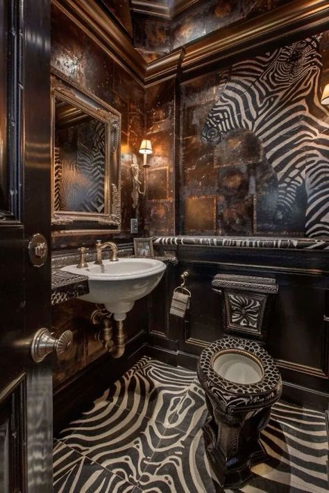 Eco Architecture House, Zebra Print Bathroom, Modern Powder Room Design, Bathroom Decor Ideas Black, Animal Print Rooms, India Theme, Beautiful Bathroom Ideas, Small Bathroom Decor Ideas, Bathroom Wallpaper Ideas