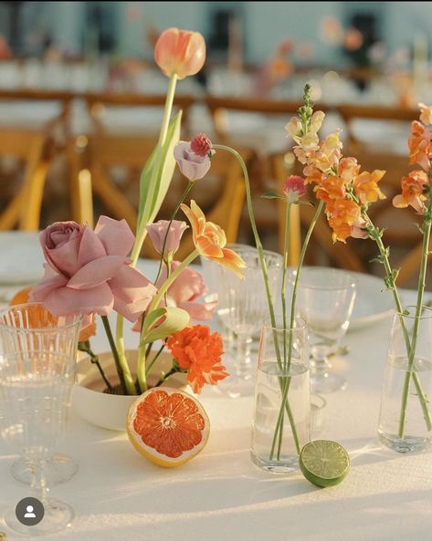 Fruit Wedding, Wedding Table Flowers, Purple And Orange, Orange Wedding, Wedding Table Decorations, Wedding Table Settings, Wedding Mood Board, Wedding Tablescapes, Wedding Mood