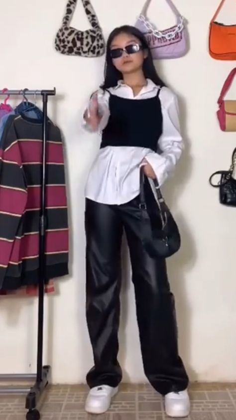 Shein Leather Pants Outfit, Hijabi Leather Pants Outfit, White Shirt And Pants Outfit, Black Trousers White Shirt Outfit, White Button Up Shirt Outfit Aesthetic, Black Trousers Outfit Aesthetic, White Shirt Leather Pants, Black Pants Summer, Button Shirt Outfit