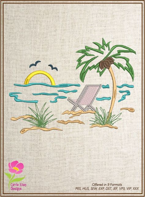 Create a unique and stylish gift. The design file contain 10 size choices and 9 formats per size. Change thread colors to suit your own wishes. Check my Etsy shop for more designs you may like. https://www.etsy.com/shop/CarrieEllenDesigns Instant Download Embroidery Pattern Machine Embroidery Embroidery Designs Embroidery Hoop Custom Embroidery PES Embroidery Beach Embroidery Stork Design Beach Chair Design Vacation Sun beach Caribbean Island Embroidery Beach, Beach Embroidery, Beach Caribbean, Summer Embroidery, Birds Embroidery Designs, Pes Embroidery, Patterned Chair, Reference Sheet, Caribbean Island