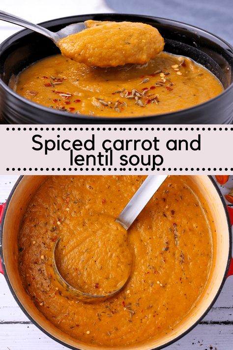 Spiced carrot and lentil soup with protein-packed red lentils is filled with warming spices, the aromatics ginger, and garlic and is an amazingly satisfying vegan meal. #anothermusicinadifferentkitchen #carrotsoup #vegan Carrot Diet, Carrot Lentil Soup, Carrot And Lentil Soup, Spiced Lentils, Vegan Lentil Soup, Spiced Carrots, Lentil Soup Recipes, Red Lentils, Red Lentil Soup