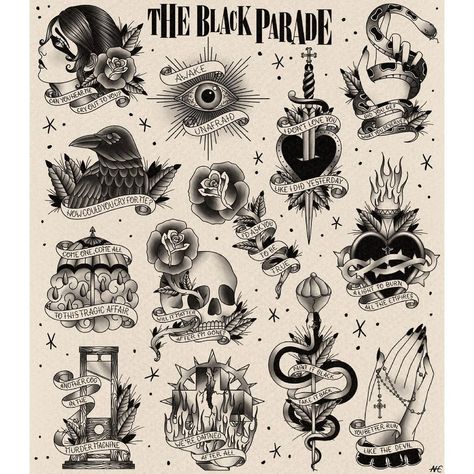 amanda on Instagram: “the black parade flash sheet • finally! i didn’t mean for this to take three weeks but yknow, shit happens. only danger days left now! this…” Creepy Traditional Tattoo, Flash Art Tattoos, Gears Turning, Halloween Tattoo Flash, Kunst Tattoos, Flash Sheet, Tattoo Flash Sheet, Spooky Tattoos, Traditional Tattoo Art