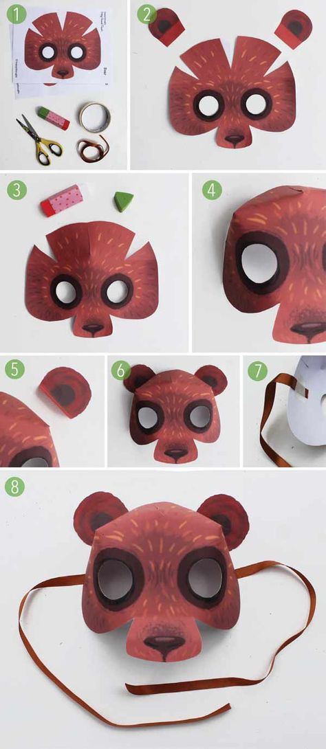 Easy homemade bear costume. Be a bear today • Happythought Bear Mask Template, Costume Simple, Printable Animal Masks, Animal Masks For Kids, Masks Kids, The Mask Costume, Deer Costume, Bear Mask, Animal Ideas