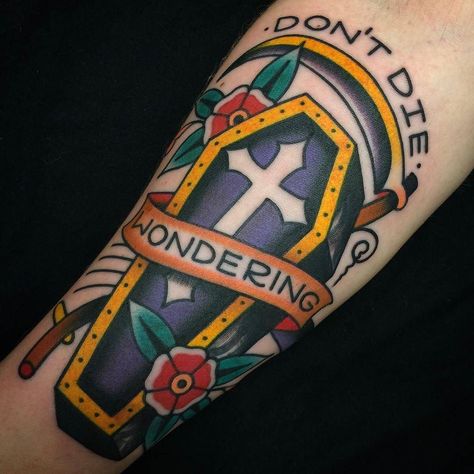 Don't Die Wondering tattoo by @joshbovendertattoo at Honor & Glory Tattoo in Inman SC #joshbovendertattoo #joshbovender #honorandglorytattoo #inman #southcarolina #coffintattoo #dontdiewondering #dontdiewonderingtattoo #traditionaltattoo #tattoo #tattoos #tattoosnob Coffin Tattoos, Traditional Ship Tattoo, Antler Tattoos, Coffin Tattoo, Deer Tattoo Designs, Ems Tattoos, Stag Tattoo, Traditional Tattoo Sleeve, Japanese Sleeve Tattoos