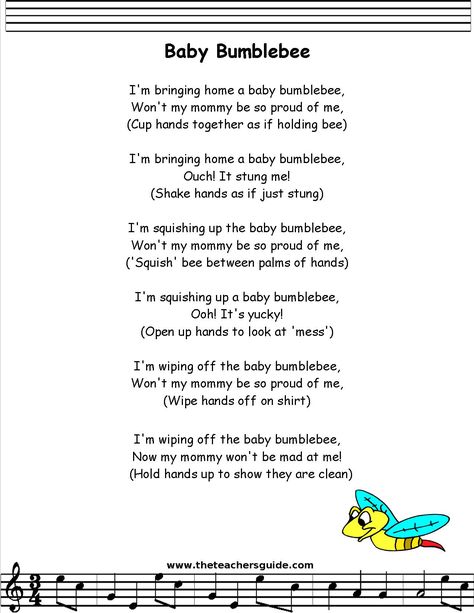 babybumble bee lyrics printout Hand Clapping Songs, Baby Nursery Rhymes, Bug Songs For Toddlers, Spring Songs For Toddlers, Fun Preschool Songs, Songs For Infants, Baby Bumble Bee Song, Daycare Songs, Sweet Little Bumblebee