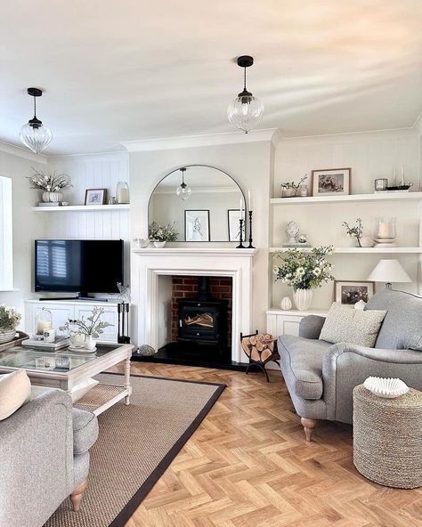 Lounge Lighting Ideas Living Rooms, New Build Cottage Interior, Small Fireplace Ideas, Small Living Room Lighting, Living Room Decor Classic, Lounge 2023, Cottage Conversion, French Lounge, Alcove Ideas Living Room