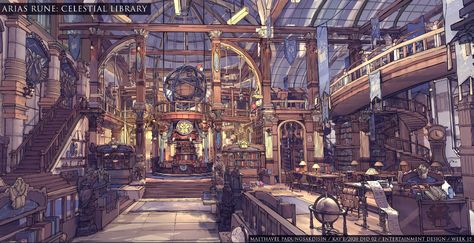 ArtStation - Celestial Library : Arias Rune, Maethavee.Kay'E Library Concept Art, Celestial Library, Cobalt Soul, Tavern Design, Library Concept, Fantasy Interior, Feng Zhu Design, Feng Zhu, Bg Design