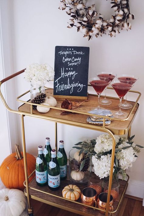 Thanksgiving Bar Cart Decor #barcartdiy Thanksgiving Bar Cart, Gold Bar Cart Target, Gold Bar Cart Styling, Friendsgiving Dinner Party, Diy Bar Cart, Gold Bar Cart, Outside Bars, Friendsgiving Dinner, Friendsgiving Party