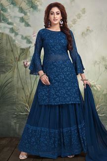 Blue Sharara, Long Choli Lehenga, Khadi Kurta, Eid Fashion, Sharara Designs, Crazy Dresses, Salwar Neck Designs, Kurti Style, Georgette Lehenga