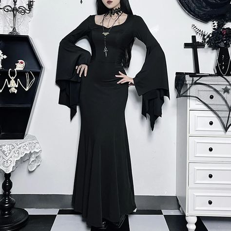 Women Halloween Dress Set with Hat & Gloves Long Sleeve Black Ladies Costume Dress Horror Gothic Gothic Halloween Dress, Formal Gowns Evening Dresses, Mermaid Formal Gowns, Witch Vintage, Vintage Formal Dresses, Black Princess, Gothic Halloween, Fantasias Halloween, Black Evening Dresses