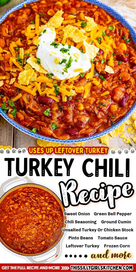 Warm, comforting, and flavorful, this turkey chili recipe uses just one pot, easy-to-find ingredients, and it is the perfect way to use up leftover turkey! Turkey chili is an easy recipe for a fall or winter meal that will warm you right up! Make it after Thanksgiving with your leftover turkey, or add it to your weekly menu and save time and energy with this one pot wonder! Best Turkey Chili Recipe, Best Turkey Chili, Leftover Turkey Chili, Turkey Chilli, One Pot Wonder, Turkey Chili Recipe, Chili Recipe Turkey, Best Turkey, Chilli Recipes