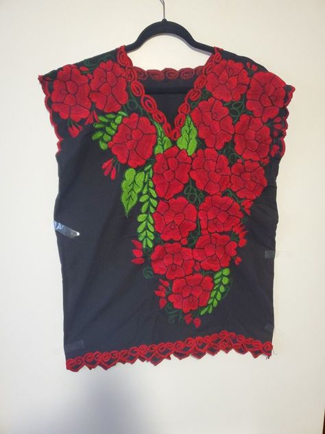 Mexican Embroidered Floral Blouse  2XL Black With Flowers Red Blusa Mexicana (6) Mexican Clothes, Mexican Blouse, Flowers Red, Floral Blouse, Traditional Outfits, Red Flowers, Shoe Accessories, Flowers, Floral