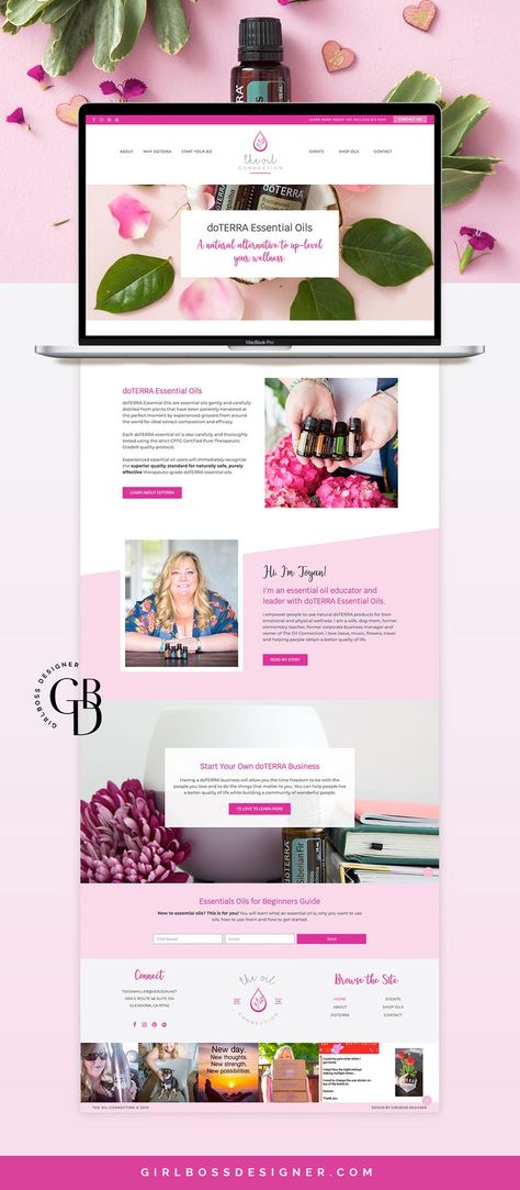 Bright Pink Branding & Wordpress Website for doTERRA Essential Oils Leader. Exciting NEW Feminine Logo Design and Color Palette Inspiration for a Leader in the Natural Health and Wellness Business. -By Girlboss Designer. #pinkbranding #wellnessbranding #graphicdesign #logodesign #wordpress #graphicdesign #womenentrepreneurs #femaleentrepreneurs #colorpalette #businessbranding #girlbossdesigner Bright Website Design, Pink Website Design, Pink Website, Pink Branding, Business Graphic Design, Feminine Logo Design, Website Design Inspiration Layout, In Flow, Feminine Branding