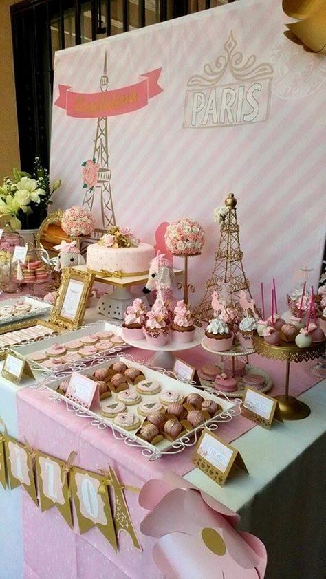 Pink And Gold Paris Theme Party, Parisian Sweet 16, Paris Birthday Party Ideas Decoration, Paris Themed Sweet 16, Paris Birthday Party Ideas, Pink Paris Party, Paris Desserts, Paris Party Decorations, Chanel Baby Shower