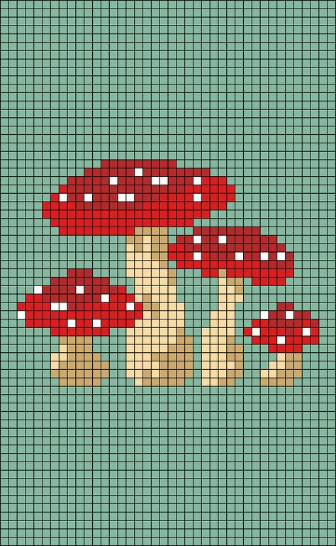 Crochet Tapestry Mushroom, Cottagecore Grid Pattern, Mushroom Pixel Pattern, Mushroom Knitting Chart, Mushroom Tapestry Crochet, Alpha Patterns Mushroom, Mushroom Pixel Art Grid, Mushroom Grid Pattern, Frog Tapestry Crochet