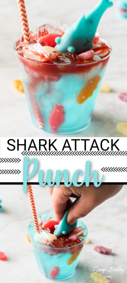 Shark Week Mocktails, Fishbowl Drink Mocktail, Shark Week Recipes For Kids, Shark Punch For Kids, Shark Themed Appetizers, Kids Fishbowl Drink, Shark Mocktail, Shark Drinks For Kids, Homemade Drinks For Kids