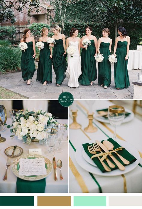 emerald green and gold fall wedding color ideas and bridesmaid dresses trends December Wedding Colors, Green And Gold Wedding, Winter Wedding Color Palette, Wedding Color Scheme, Wedding Color Palettes, Emerald Green And Gold, Wedding Color Ideas, Wedding Color Trends, Emerald Green Weddings