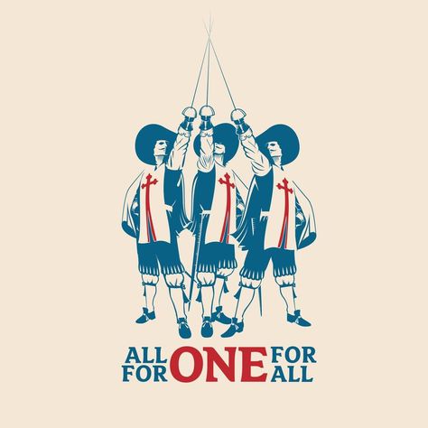 All For One For All, a three musketeers logo theme All For One, Alexandre Dumas, Three Musketeers, One For All, The Three Musketeers, Free Vector Graphics, Cloth Bags, Stock Illustration, Digital Design