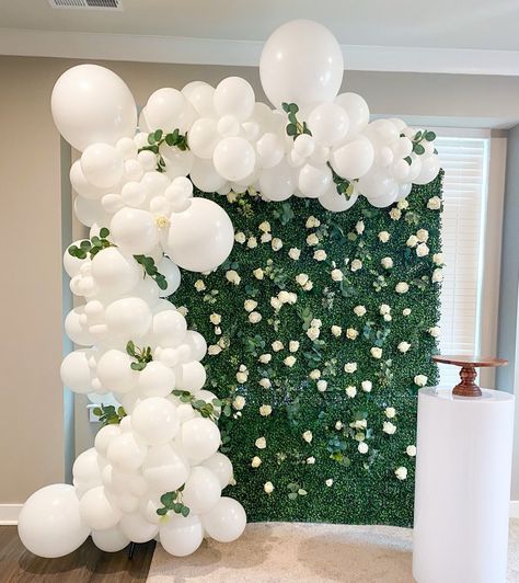 Greenery Wall, Double Shower, Vine Wall, French Rose, Balloon Flowers, Baby 2, White Balloons, Blue Balloons, White Backdrop