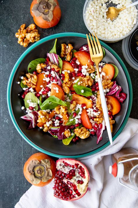 This colorful Persimmon and Pomegranate Salad is topped with candied walnuts and maple vinaigrette dressing to make a perfect fall and wintertime salad! #persimmons #pomegranatesalad Maple Vinaigrette Dressing, Salad With Maple Vinaigrette, Persimmon Salad, Maple Vinaigrette, Aphrodisiac Foods, Holiday Salads, Radicchio Salad, Pomegranate Salad, Beef Salad